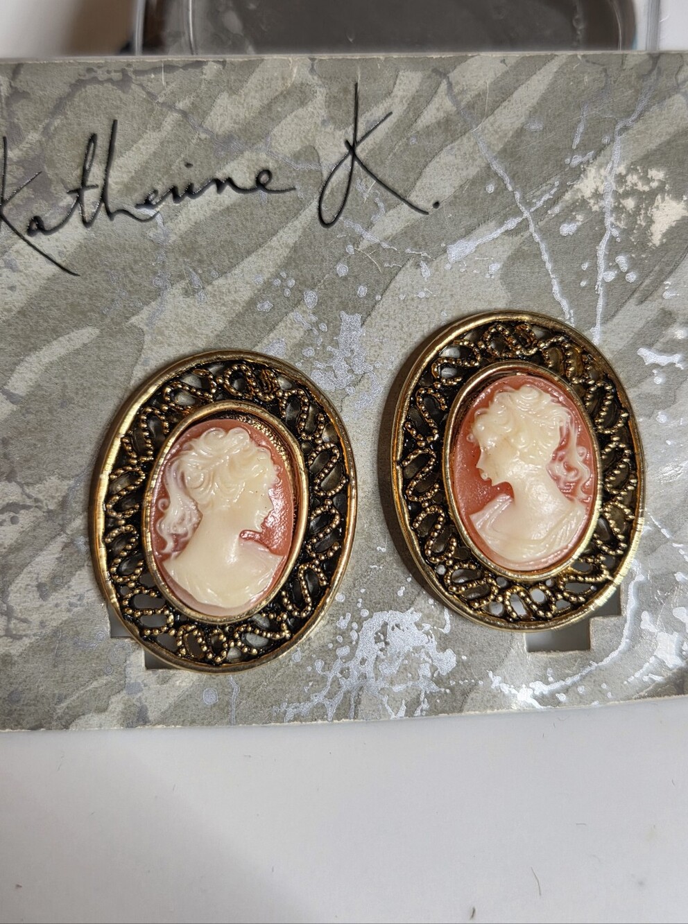 Katherine K Cameo Clip-On Earrings in Coral and Cream